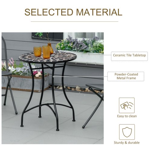 Outsunny 60 cm Mosaic Garden Table, Small Round Outdoor Side Table with Ceramic Top, Plant Stand for Patio, Balcony, Black