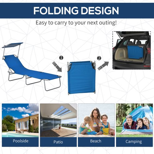 Outsunny Outdoor Foldable Sun Lounger Set of 2, 4 Level Adjustable Backrest Reclining Sun Lounger Chair with Angle Adjust Sun Shade Awning for Beach, Garden, Patio, Blue