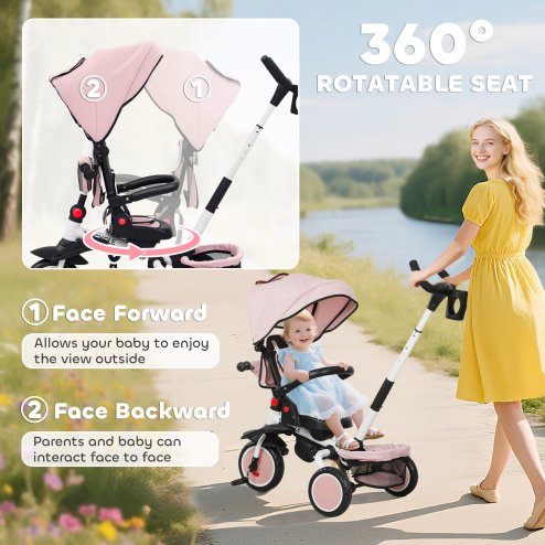 AIYAPLAY Kids Trike, 6 in 1 Toddler Tricycle with Adjustable Parent Handle & Canopy, Convertible Seat, for Ages 1-5 Years, Foldable Baby Trike with Safety Harness, Storage Basket & Bag, Pink