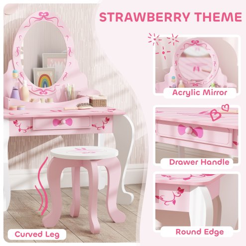 AIYAPLAY Kids Dressing Table Set, Two-Piece Kids Vanity Table with Stool, Mirror, Drawer, Desktop Storage, Ballet Theme, Girls Makeup Desk, Chair, Pink