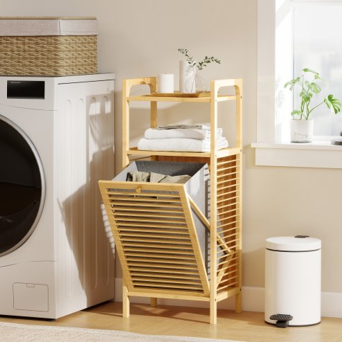 HOMCOM Bamboo Laundry Cabinet with Slatted Door, Bathroom Cabinet with Tilt-Out Hamper and Removable Liner Bag, 40 x 30D x 95 cm, Natural Wood Finish