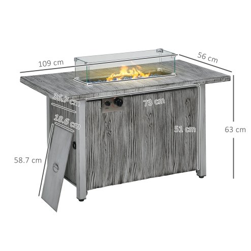 Outsunny Propane Gas Fire Pit Table for Garden, 50000 BTU Smokeless Firepit Outdoor Patio Heater with Waterproof Cover, Glass Screen, Glass Beads and Lid, Wood Effect, 109 x 56 x 63cm, Grey
