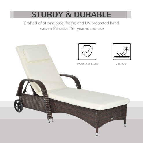 Outsunny Rattan Sun Lounger, Garden Lounger Recliner with Wheels and Adjustable Backrest, Outdoor Reclining Sunbed Garden Chair with Cushion and Headrest for Patio, Beach, Terrace, Brown