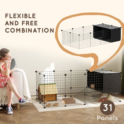 PawHut Rabbit Run, Pet Playpen, Small Animal Cage Enclosure, C&C Cage with Elevated Huts, 31 Panels, for Guinea Pigs, Hedgehogs, for Indoor Use
