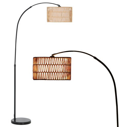 HOMCOM Rattan Floor Lamp for Living Room, Farmhouse Arc Standing Lamp with Dual-Layer Shade & Foot Switch, Height Adjustable Minimalist Tall Pole Lampshade for Bedroom, Office, Black