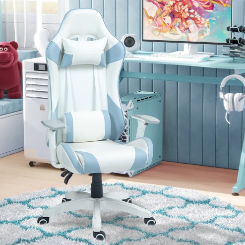 HOMCOM Gaming Chair, Racing Gamer Chair, Reclining Faux Leather Computer Chair with Headrest, Lumber Support, 3D Armrests, Adjustable Height, Swivel Wheels for Home Office, Light Blue