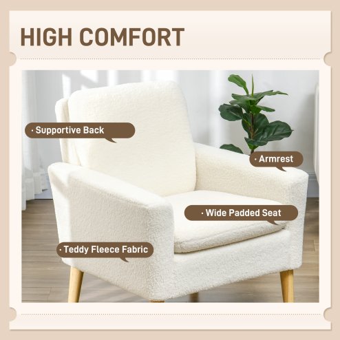 HOMCOM Armchair, Upholstered Accent Chair with Wood Legs and Wide Padded Seat, Teddy Occasional Chair, Cream White