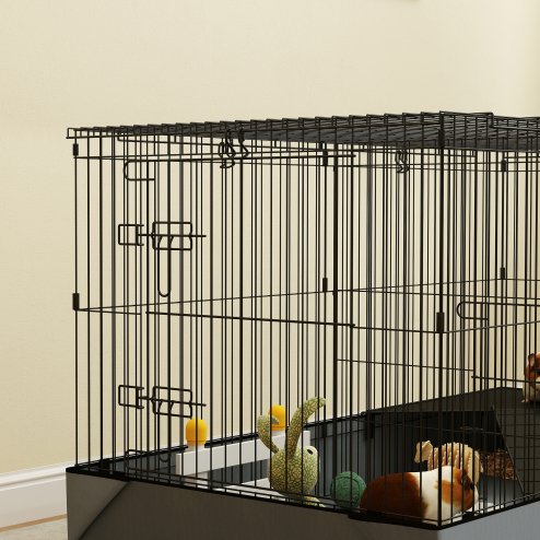 PawHut Guinea Pig Cage, 2 in 1 Rabbit Cage Pet Playpen with Removable Top, 2 Separate Area, Waterproof Oxford Fabric Floor, Perch, Ramp, Small Animal Cage for Guinea Pigs, Bunnies, Hedgehogs, Black