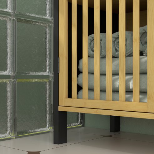 HOMCOM Under Sink Bathroom Cabinet, Bamboo Sink Storage Cabinet, Bathroom Vanity Unit with 2 Slat Doors, Adjustable Shelf and U-Shape Slot for Pipe Fit