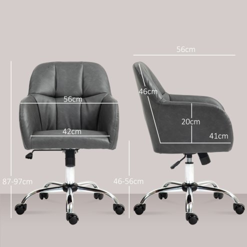 HOMCOM Computer Desk Chair, PU Leather Swivel Office Chair, Makeup Vanity Chair with Height Adjustable, Wheels, for Home Study Bedroom, Grey