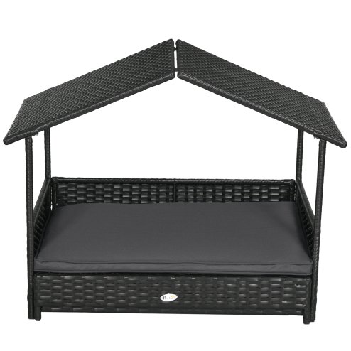 PawHut Rattan Dog House, Extendable Outdoor Wicker Dog Bed w/ Water-Resistant Roof, Removable Cushion, for Small and Medium Dogs - Grey