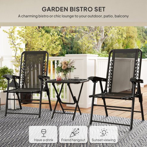 Outsunny 3 Pieces Garden Bistro Set, Folding Table and Chairs Set, Metal Garden Furniture Set with Cup Holders for Outdoor, Patio, Balcony, Black