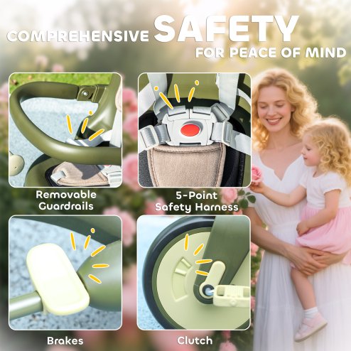 AIYAPLAY Kids Trike, Foldable Toddler Tricycle 5 in 1 with Adjustable Parent Handle & Removable Canopy, 5-point Safety Harness, Footrest, Storage Bag, for Ages 1-3 Years, Dark Green