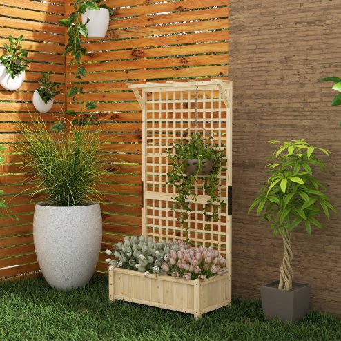 Outsunny Wood Planter with Trellis for Climbing Plants, Raised Bed, Planter Box with Drainage Holes to Grow Vegetables, Herbs and Flowers for Garden, Patio, Yard, Natural Wood Finish