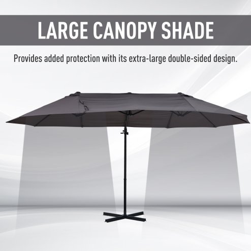 Outsunny 4.4m Large Garden Parasol, Double-Sided Cantilever Parasol with Base Included, Patio Umbrella Sun Shade with Steel Pole 12 Ribs Crank Handle Easy Lift Twin Canopy, Grey