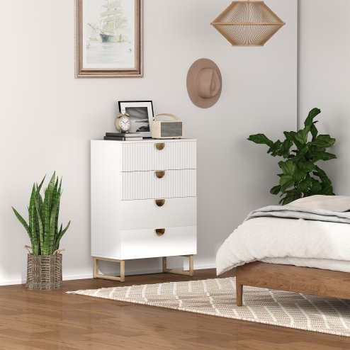 HOMCOM Bedroom Chest of Drawers with Gold Tone Handle, Modern Fluted 4-Drawer Dresser with Metal Legs for Living Room, Hallway, White