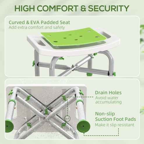 HOMCOM Shower Chair for the Elderly and Disabled, Adjustable Padded Shower Stool with Built-in Handle and Non-slip Suction Foot Pads, Green