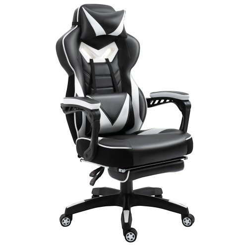 Vinsetto Computer Gaming Chair, Racing Desk Chair with Lumbar Support and Footrest, PU Leather Gamer Chair with Headrest and Swivel Wheels for Home, White Image
