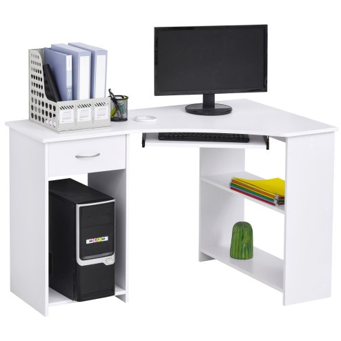 HOMCOM L-Shaped Corner Computer Desk w/ 2 Shelves Wide Worktop Keyboard Tray Drawer & CPU Stand Home Office Study Bedroom Furniture