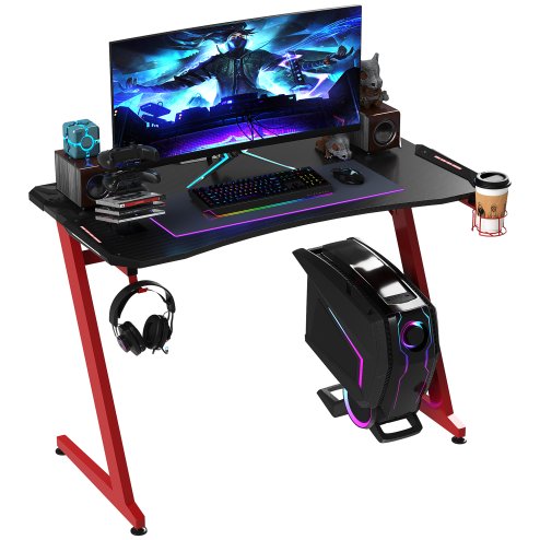 HOMCOM Gaming Desk, Carbon Fibre Covered Computer Desk, Gamer Workstation with Headphone Hook, Cup Holder and Gamepad Storage Rack