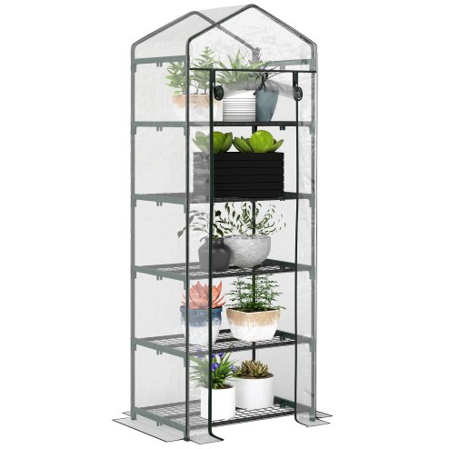 Outsunny 5 Tier Mini Greenhouse, Portable Greenhouse with Reinforced Plastic Cover, Garden Grow House with Roll Up Door and Shelves, 69 x 49 x 193cm, Green