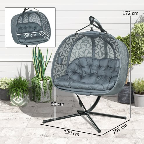 Outsunny Outdoor Double Hanging Chair, Swing Chair with Metal Stand, Thick Padded Cushion, Foldable Basket and Cup Holders, for Indoor and Outdoor, Charcoal Grey