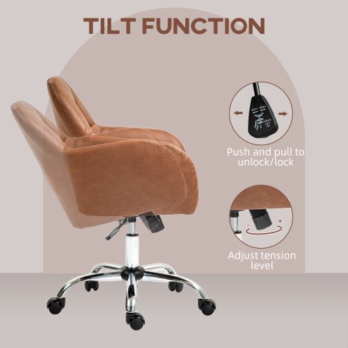 HOMCOM Computer Desk Chair, PU Leather Swivel Office Chair, Makeup Vanity Chair with Height Adjustable, Wheels, for Home Study Bedroom, Brown