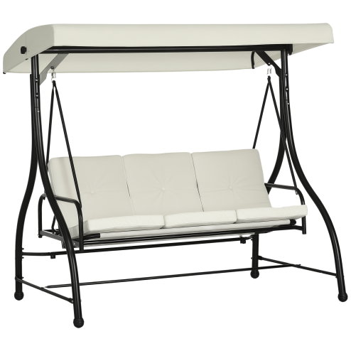 Outsunny 3 Seater Canopy Swing Chair, 2 in 1 Garden Swing Seat Bed, with Adjustable Canopy and Metal Frame, Cream White