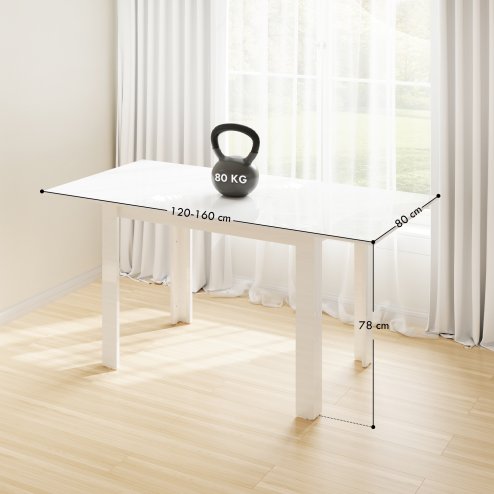 HOMCOM Extendable Dining Table, 120-160 x 70cm Rectangular Kitchen Table for Small Spaces, Seats 4-6 People, High Gloss White