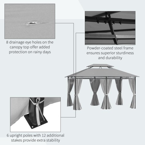 Outsunny 4m x 3(m)Garden Gazebo, Double Roof Outdoor Gazebo Canopy Shelter with Curtains, Solid Steel Frame for Lawn and Deck, Dark Grey