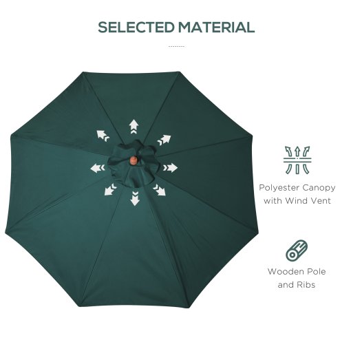 Outsunny 3(m) Garden Parasol, Pulley Operated Patio Umbrella, Wooden Parasol, Table Market Umbrella with Rope Pulley Mechanism and 8 Ribs, Dark Green
