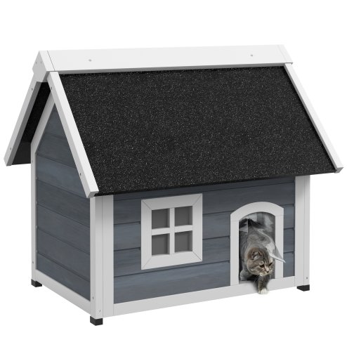 PawHut Outdoor Cat House, Wooden Feral Cat Shelter, Water-Resistant Hide Home with Openable Asphalt Roof, Three Doors, 77 x 57.5 x 68cm - Grey