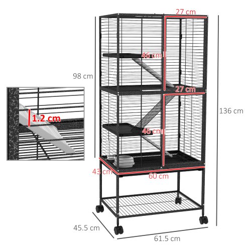 PawHut Ferret Cage Rolling Small Animal Cage 4 Levels Pet Cage 136cm Height for Chinchillas, Squirrels with 3 Doors, Storage Shelf, Tray, Bowl, Water Bottle, Ramps - Charcoal Grey