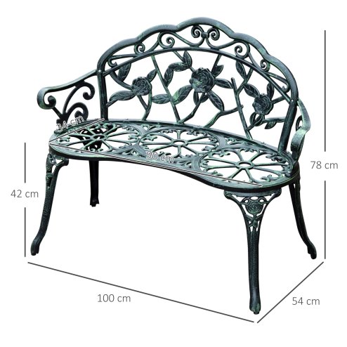 Outsunny 2 Seater Garden Bench, Cast Aluminium Outdoor Garden Loveseat, Antique Rose Style Outdoor Bench Seat with Back and Armrests for Patio, Porch, Park, Green