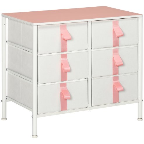 HOMCOM Chest of Drawers, Cloth Organizer Unit with 6 Fabric Drawers, Metal Frame and Wooden Top, Storage Cabinet for Kids Room, Living Room, Closet, Hallway, Pink Image