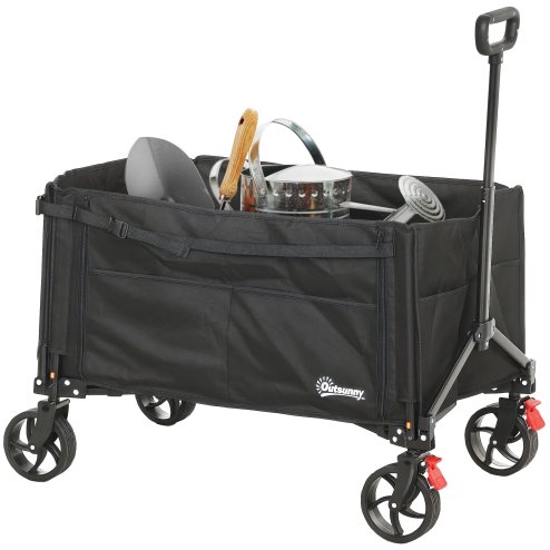 Outsunny Folding Trolley on Wheels, 150L Collapsible Wagon Festival Trolley Cart with Openable Sides, Adjustable Handle and Brakes for Shopping Camping Beach and Garden, Black Image