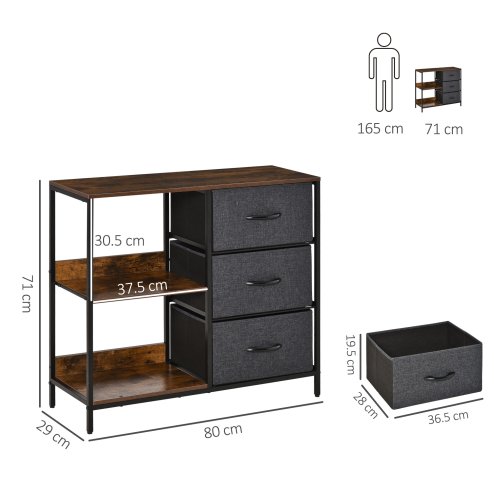 HOMCOM Chest of Drawers Storage  Dresser Cabinet Organizer with 3 Fabric Drawers and 2 Display Shelves for Living Room, Bedroom, Hallway