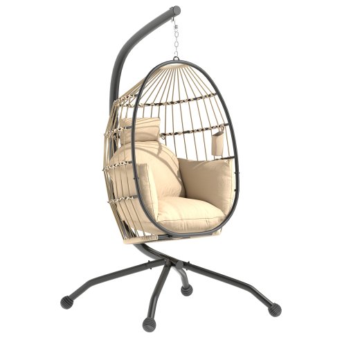Outsunny Hanging Egg Chair Outdoor Indoor Garden Swing Chair with Folding Basket and Thickened Cushion, Garden Hanging Chair with Stand, Headrest, Cup Holder for Patio, Balcony, Khaki Image