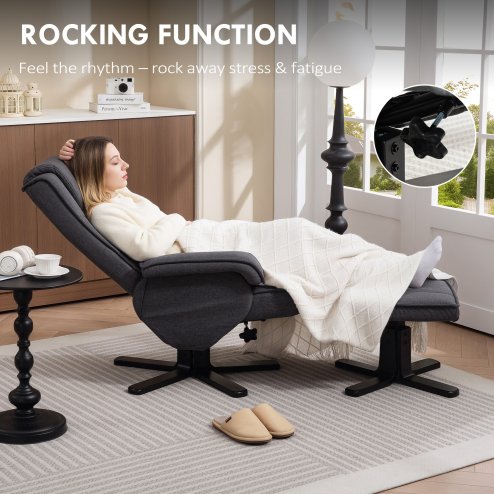 HOMCOM Rocker Swivel Recliner Chair with Footstool, Linen Fabric Recliner Armchair with Ottoman, Wood Base, Upholstered Reclining Chair for Living Room, Bedroom, Office, Charcoal Grey
