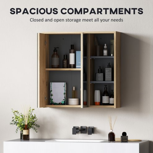 HOMCOM Bathroom Mirror Cabinet, Wall Mounted Bathroom Cabinet with Mirror, 2 Doors and Cupboards, Natural