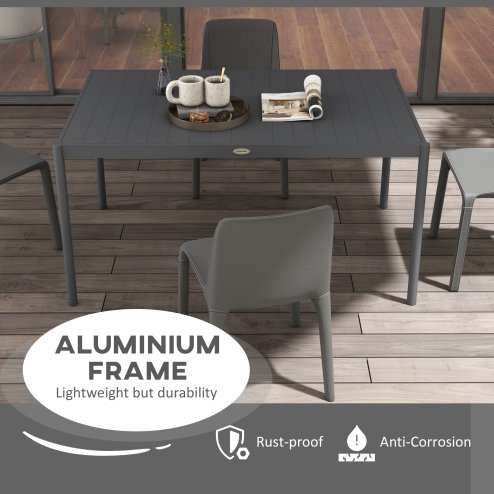 Outsunny 145cm Garden Table, Rectangle Outdoor Dining Table for 6 People, with Steel Legs and Slatted Aluminium Top, for Balcony, Lawn, Dark Grey