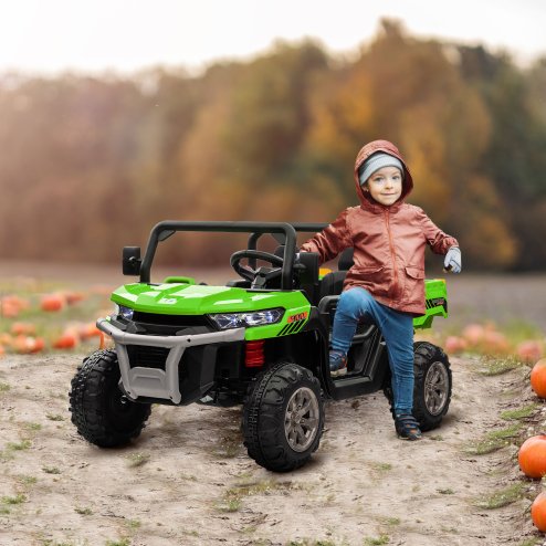 HOMCOM 2 Seater Kids Ride On Car with Electric Bucket, 12V Battery Powered Electric UTV with Shovel, Parental Remote, 4 Spring Suspension Wheels, Working Horn, Music - Green