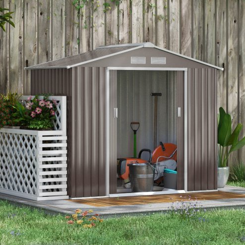 Outsunny 7 x 4ft Metal Garden Shed, Outdoor Storage Tool House with Ventilation Slots, Foundation Kit and Lockable Double Doors, Grey