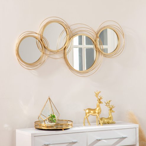 HOMCOM Metal Wall Art 107cm Modern Decorative Mirror Decor Hanging Home Wall Sculptures for Living Room Bedroom Dining Room, Gold