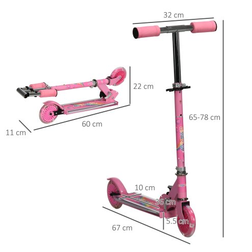 HOMCOM Kids Scooter with Lights, Music, Adjustable Height, Foldable Frame, LED Wheels, for Ages 3-7 Years - Pink