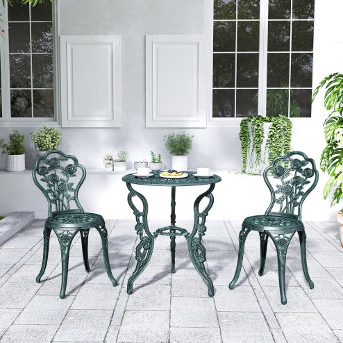 Outsunny Garden Bistro Set with Umbrella Hole, 3 Piece Cast Aluminium Garden Furniture Set, Antique Floral Round Coffee Table and Chairs, Small Balcony Furniture for Outdoor, Patio, Green