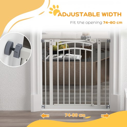 PawHut Dog Stair Gate, Pressure Fit Dog Safety Gate with Automatic Closing System, Double Locking, for Stairs, Doors, Hallways, House, 74-80cm Width, White