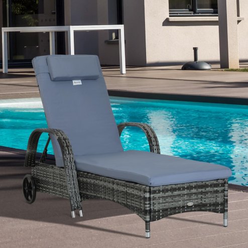 Outsunny Rattan Sun Lounger, Garden Lounger Recliner with Wheels and Adjustable Backrest, Outdoor Reclining Sunbed Garden Chair with Cushion and Headrest for Patio, Beach, Terrace, Grey