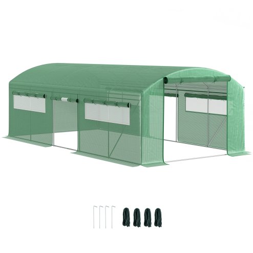 Outsunny 6 x 3 x 2m Polytunnel Greenhouse with 3 Roll-up Doors and Mesh Windows, Walk-in Garden Tunnel Warm House Tent with UV-resistant PE Cover and Galvanised Steel Frame, Green