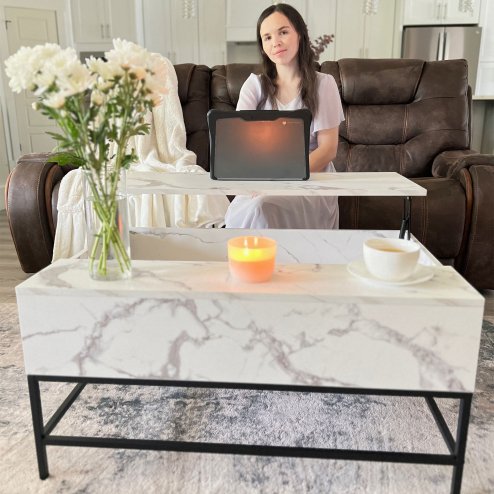 HOMCOM Lift Top Coffee Table, Lifting Coffee Table with Hidden Storage Compartment and Metal Legs, for Living Room, Faux Marble White